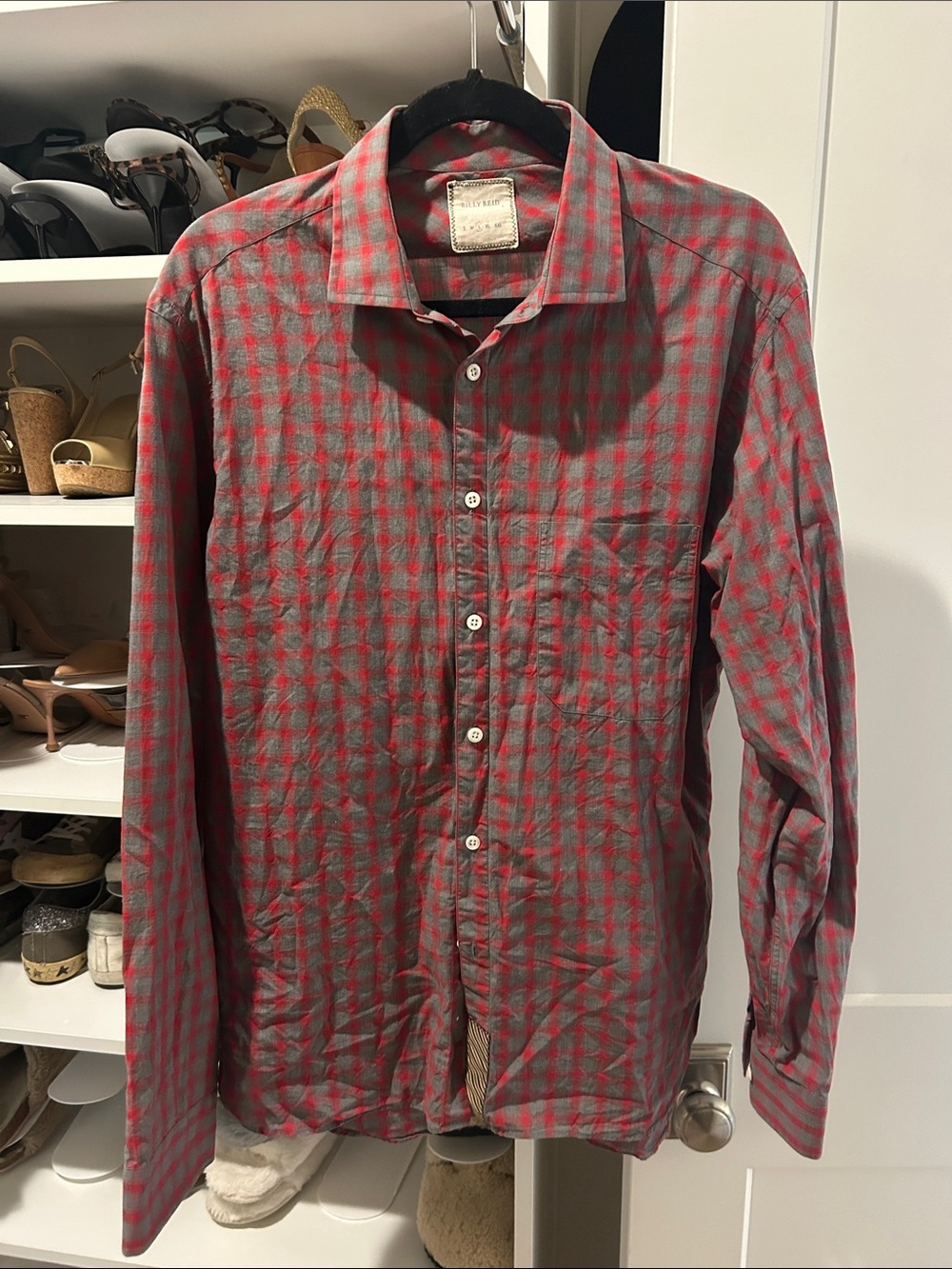 Billy Reid Red and Gray Check Long-Sleeve Button Down Shirt